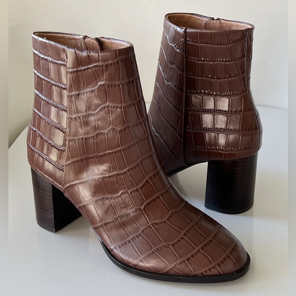 Madewell The Mira Side-Seam Ankle Boots Croc Embossed Boho Brown Leather Size 8 - Picture 3 of 15